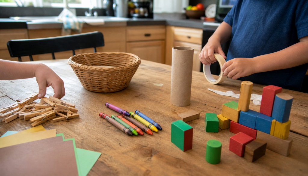 Bastelmaterial, Klebeband, Karton und Bauklötze liegen als bildschirmfreie Kinderbeschäftigung bereit