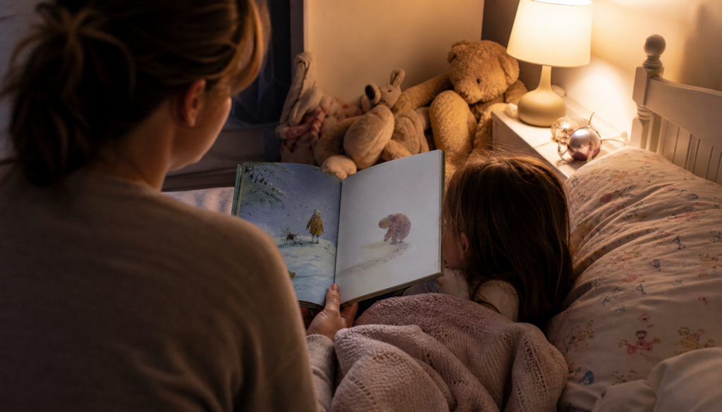 Elternteil liest einem Kind abends im Bett ein Buch vor als ruhiges Abendritual