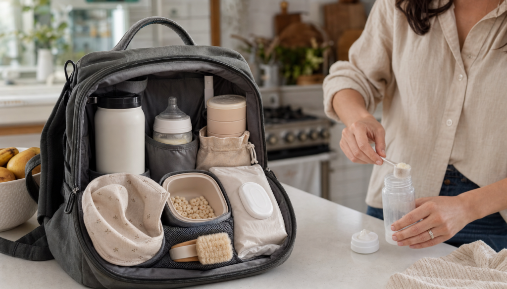 Organisierte Wickeltasche mit Thermoskanne, Flasche, Milchpulver-Portionierer, Lätzchen und Snackbox