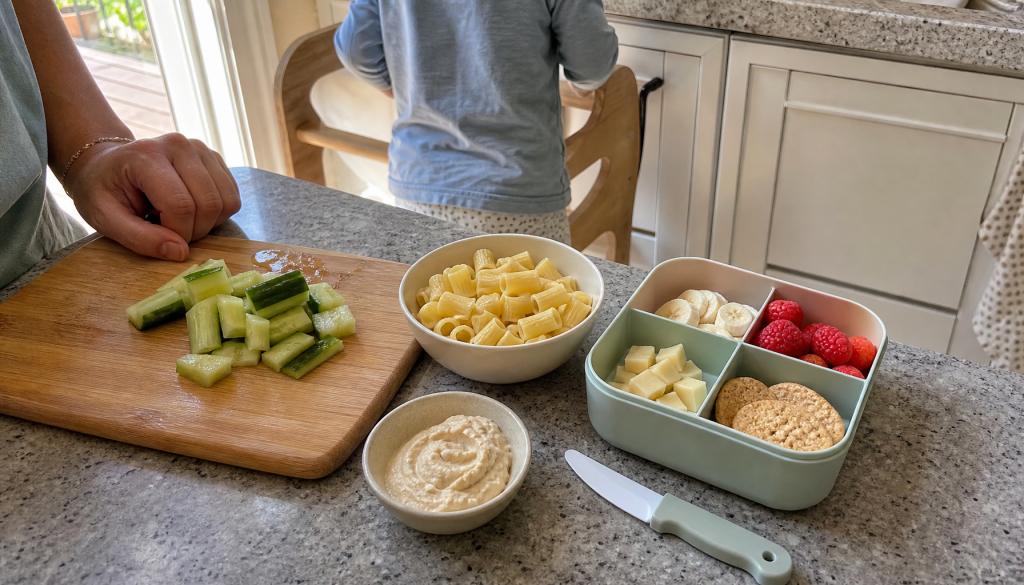 Vorbereitete Familienessen-Bausteine mit Gemüse, Snackbox und kindgerechtem Küchenplatz