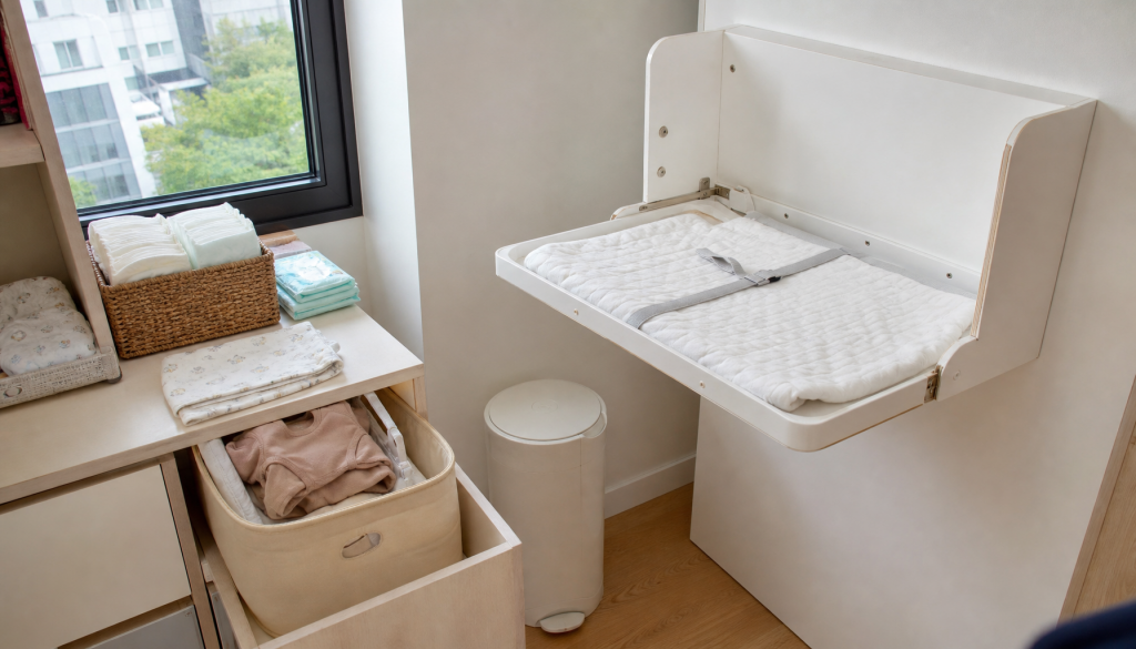 Platzsparender Wandwickeltisch mit Windeln, Körben und Mulltuch in einem kleinen Babyzimmer