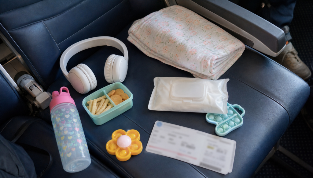 Kinder-Handgepäck mit Kopfhörern, Snackbox, Trinkflasche und dünner Decke auf einem Flugzeugsitz