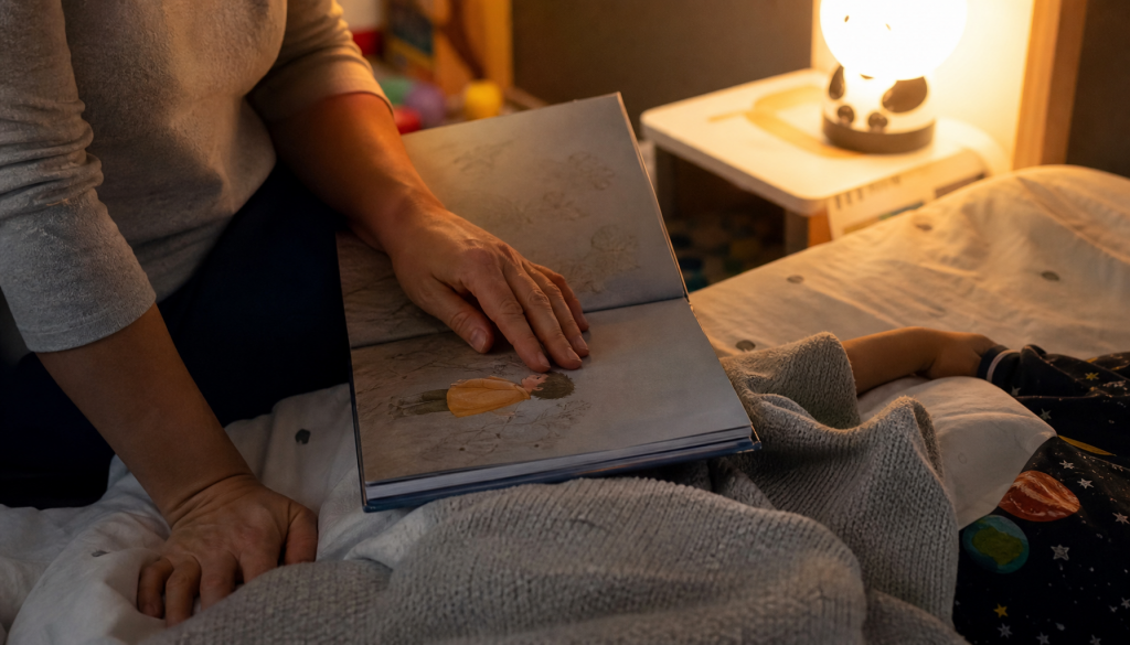 Gedimmtes Kinderzimmer mit Buch, Nachtlicht und ruhiger Abendroutine ohne sichtbare Gesichter