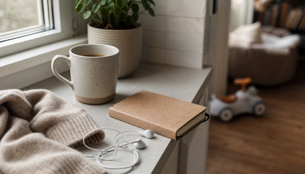 Warmer Becher, Notizbuch und Kopfhörer auf einer Fensterbank als kurze Elternpause