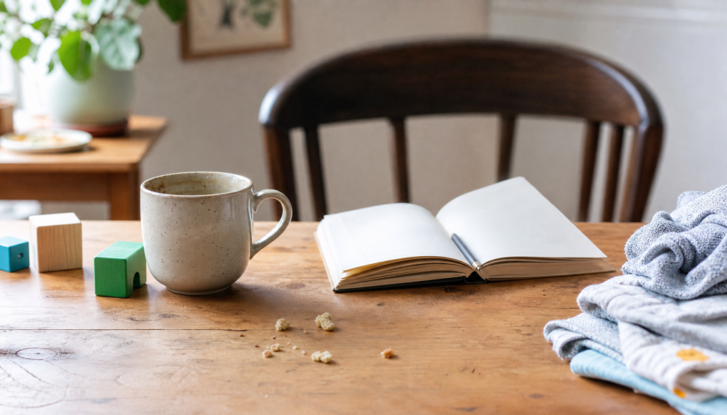 Unperfekter Familientisch mit Spielzeug, Kaffeetasse, Notizbuch und echten Alltagsspuren
