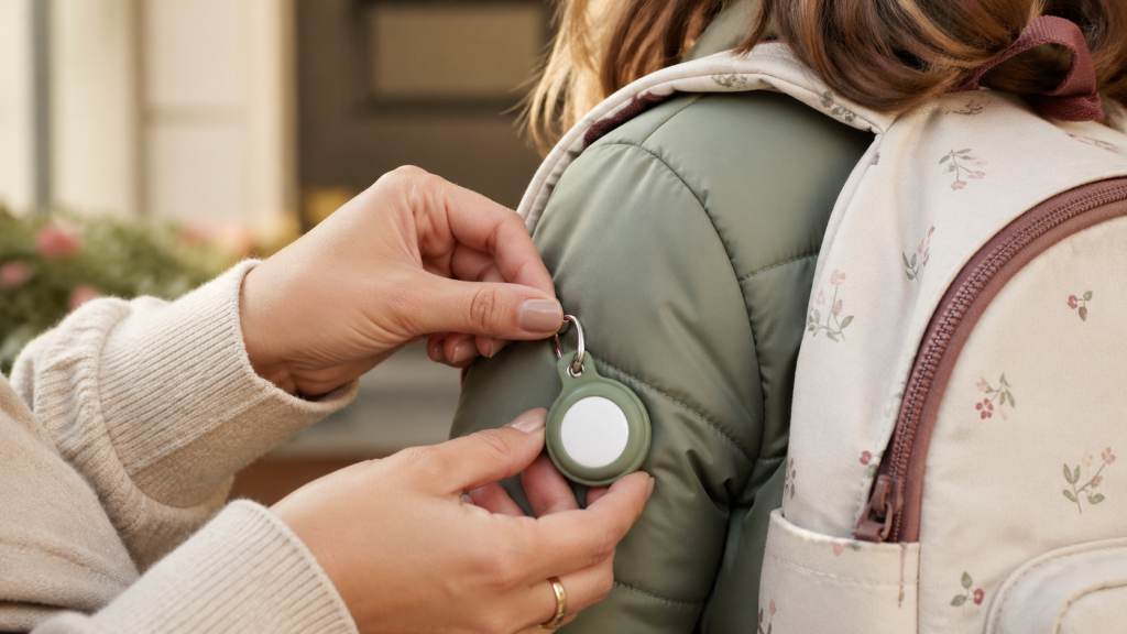 Kleiner Tracker an einem Kinderrucksack in warmer, ruhiger Alltagsszene ohne sichtbare Gesichter.