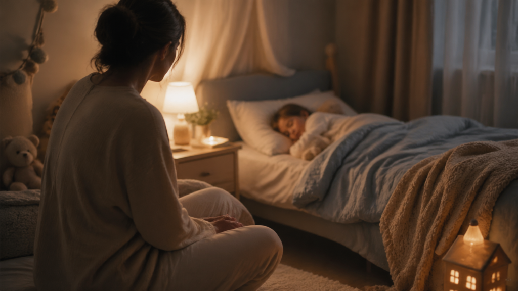 Ruhige Abendstimmung im Kinderzimmer mit gedimmtem Licht und beruhigender Naehe ohne Gesichter im Fokus.