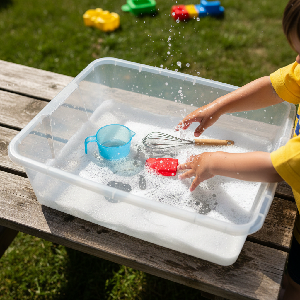 Einfache, DIY-Lösung für Wasser-**Sinnesspiele für Kleinkinder** mit Küchenutensilien in einer Aufbewahrungsbox.