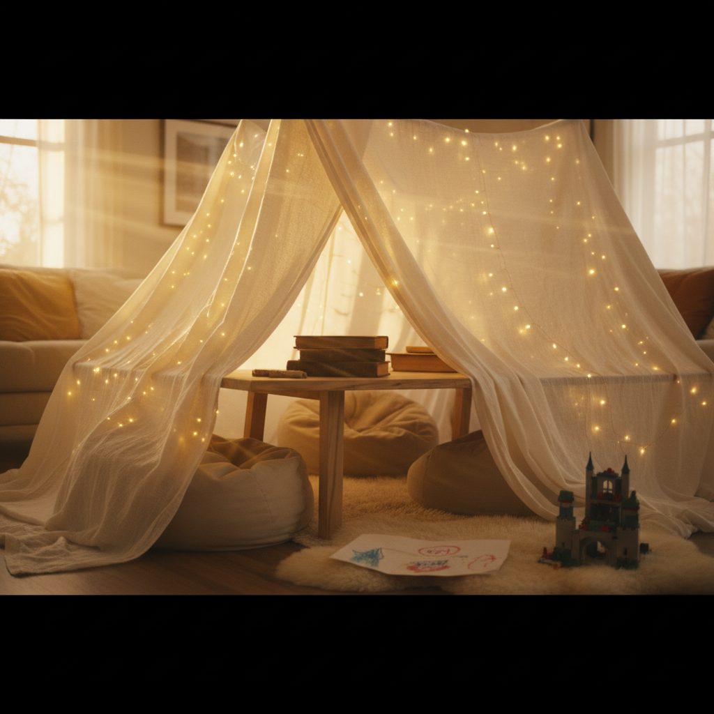 Kindgerechte Höhle aus einfachen Mulltüchern, beleuchtet mit Lichterketten, als Beispiel für kreative Spielwelten mit Alltagsgegenständen.