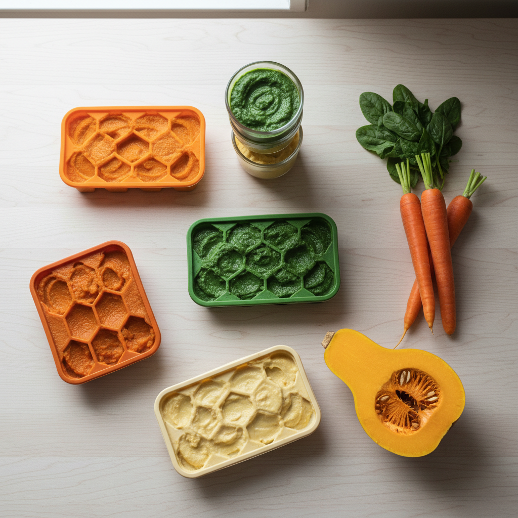 Detailaufnahme von buntem, selbstgemachtem Babybrei, der in Silikonformen und wiederverwendbaren Behältern eingefroren wird, als Best-Practice-Beispiel für effektives Zero-Waste Baby & Kind Ernährung Meal Prep.