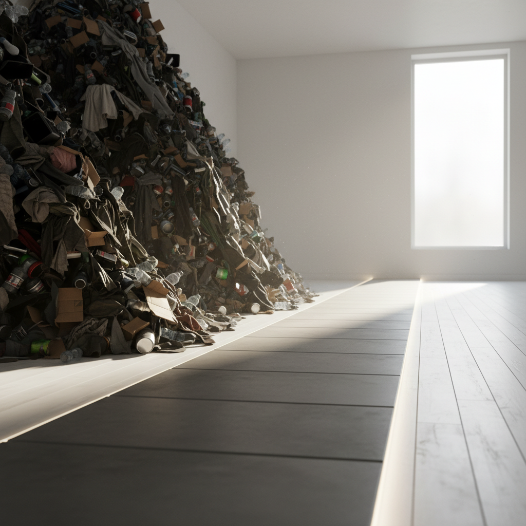 Ein metaphorischer Pfad, der die Einfachheit und Nachhaltigkeit des Zero-Waste Wickeln im Kontrast zu einem dunklen Müllberg darstellt.