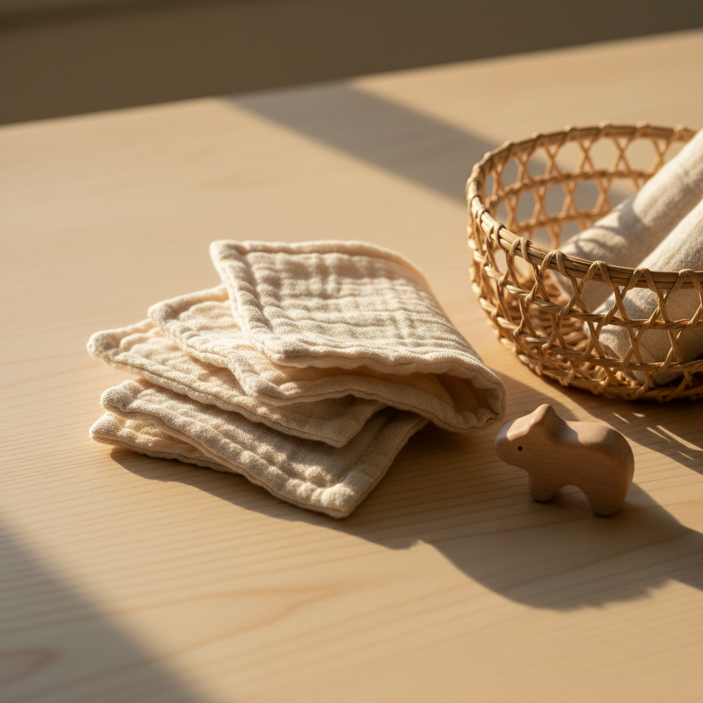Nahaufnahme eines minimalistischen Wickelplatzes mit waschbaren Waschlappen und einem Korb, Sinnbild für die Effizienz des Zero-Waste Wickeln.