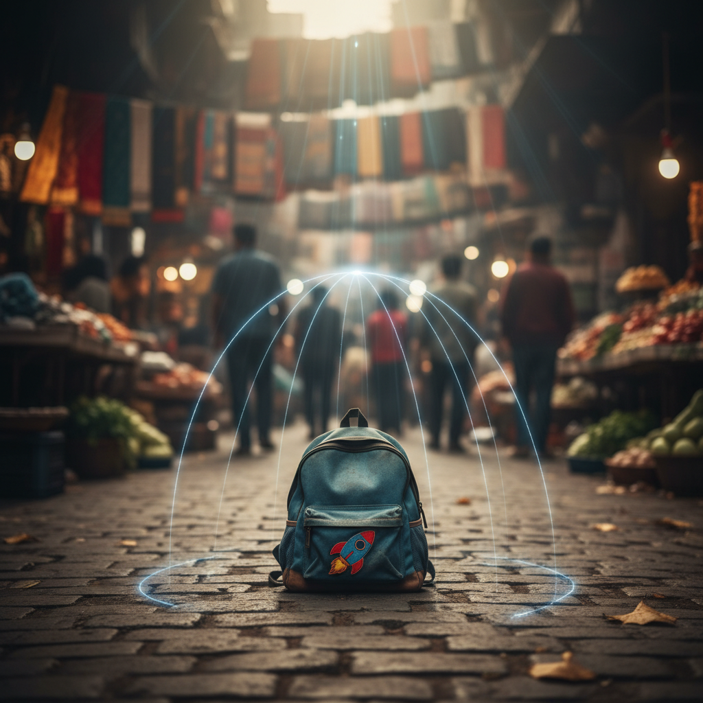 Visuell beeindruckendes Bild, das metaphorisch den unsichtbaren Schutz und das Sicherheitsnetz eines AirTag für Kinder in einer chaotischen, überfüllten Umgebung darstellt.