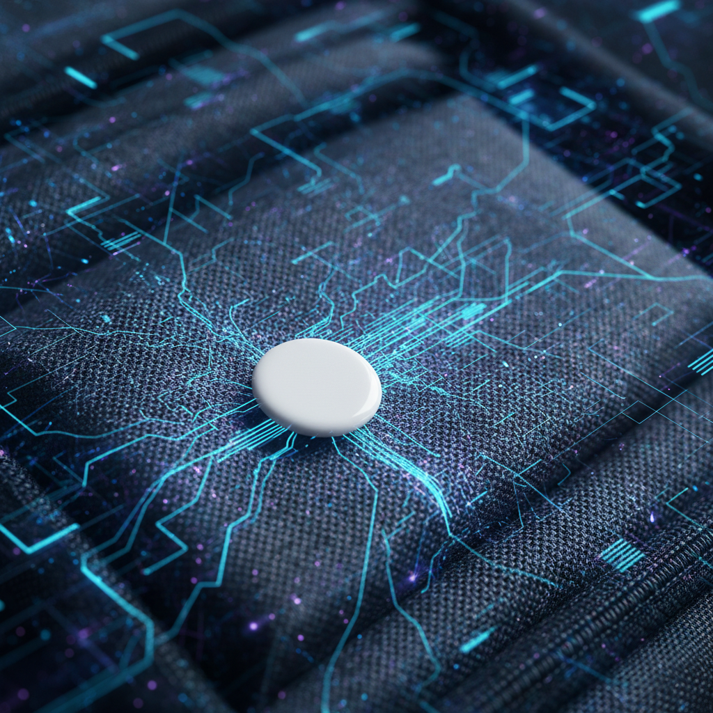 Nahaufnahme eines diskret in Stoff eingenähten Trackers, der die Funktion des Apple 