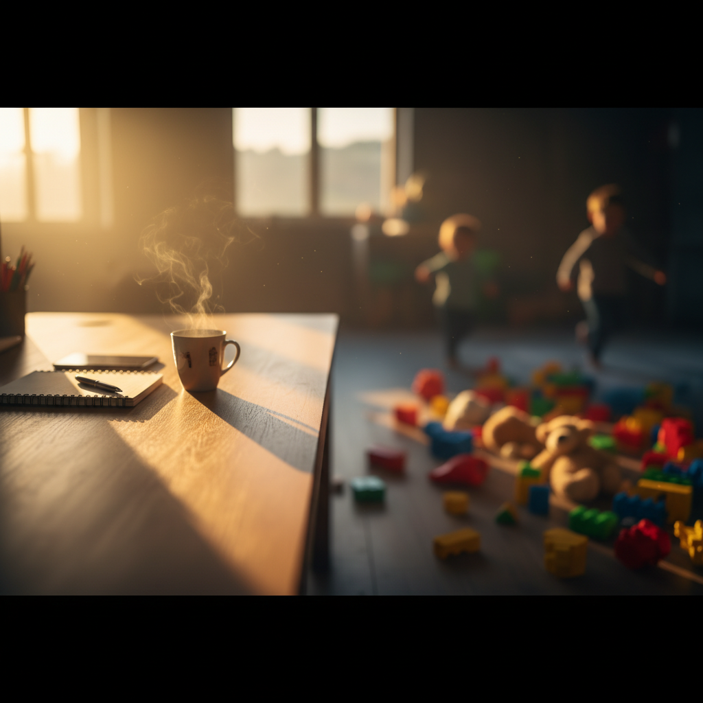 Übersichtsbild, das den Kontrast zwischen geordneter Struktur (ein aufgeräumter Schreibtisch im Vordergrund) und dem farbenfrohen Chaos im Hintergrund darstellt. Symbolisiert die Notwendigkeit von Hacks für den Familienalltag.