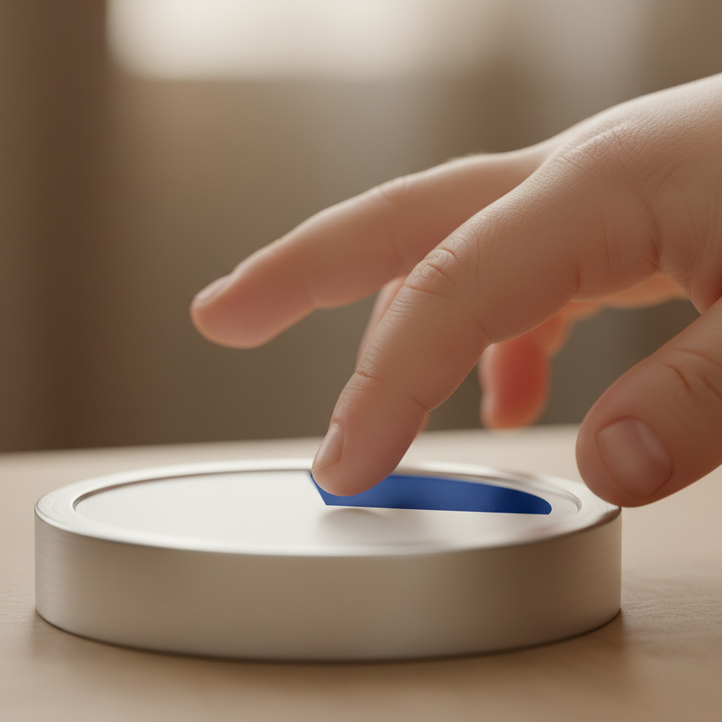 Nahaufnahme einer Kinderhand neben einem visuellen Timer, der fast abgelaufen ist. Visualisiert den