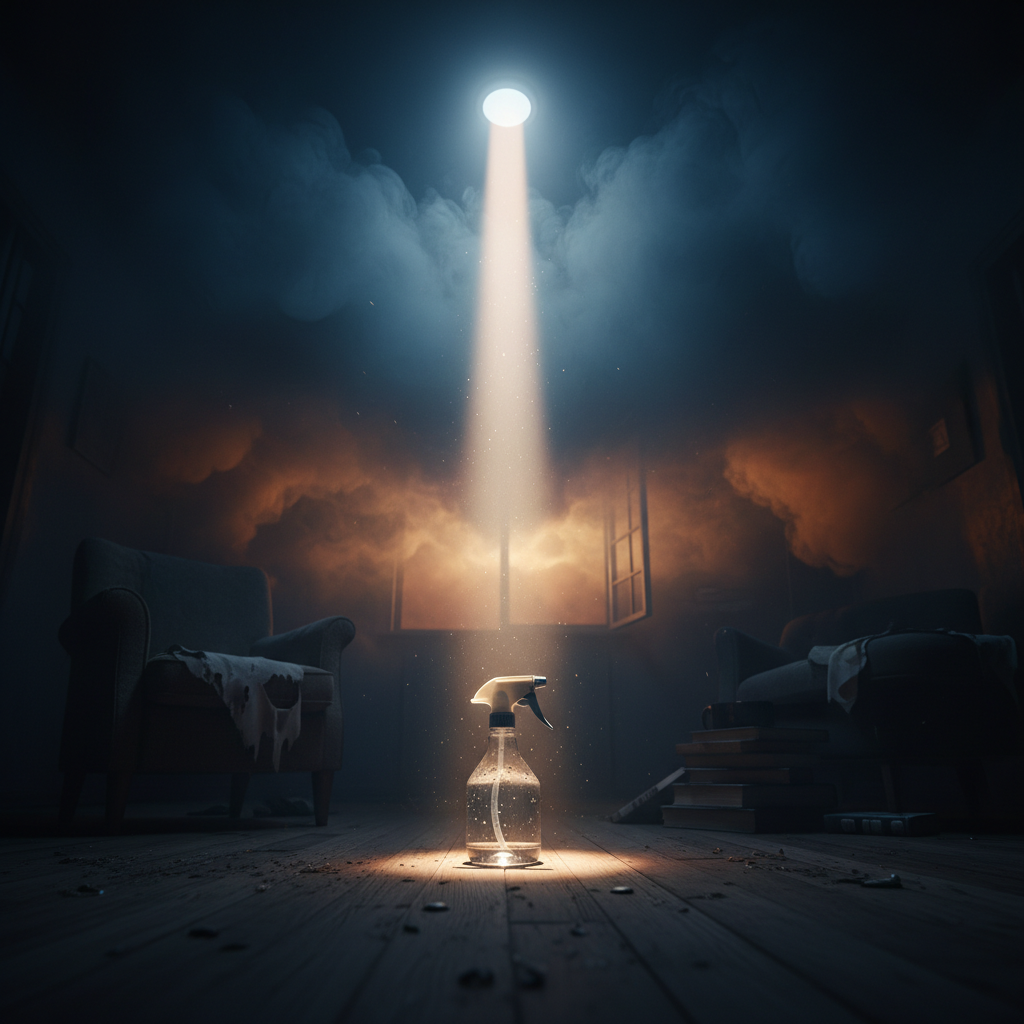 Visuelle Metapher: Ein heller Lichtstrahl durchbricht das dichte Chaos und den dicken Nebel, symbolisch für die schnellen Blitz-Tricks zur Beruhigung eines akuten Kleinkind Wutanfall.