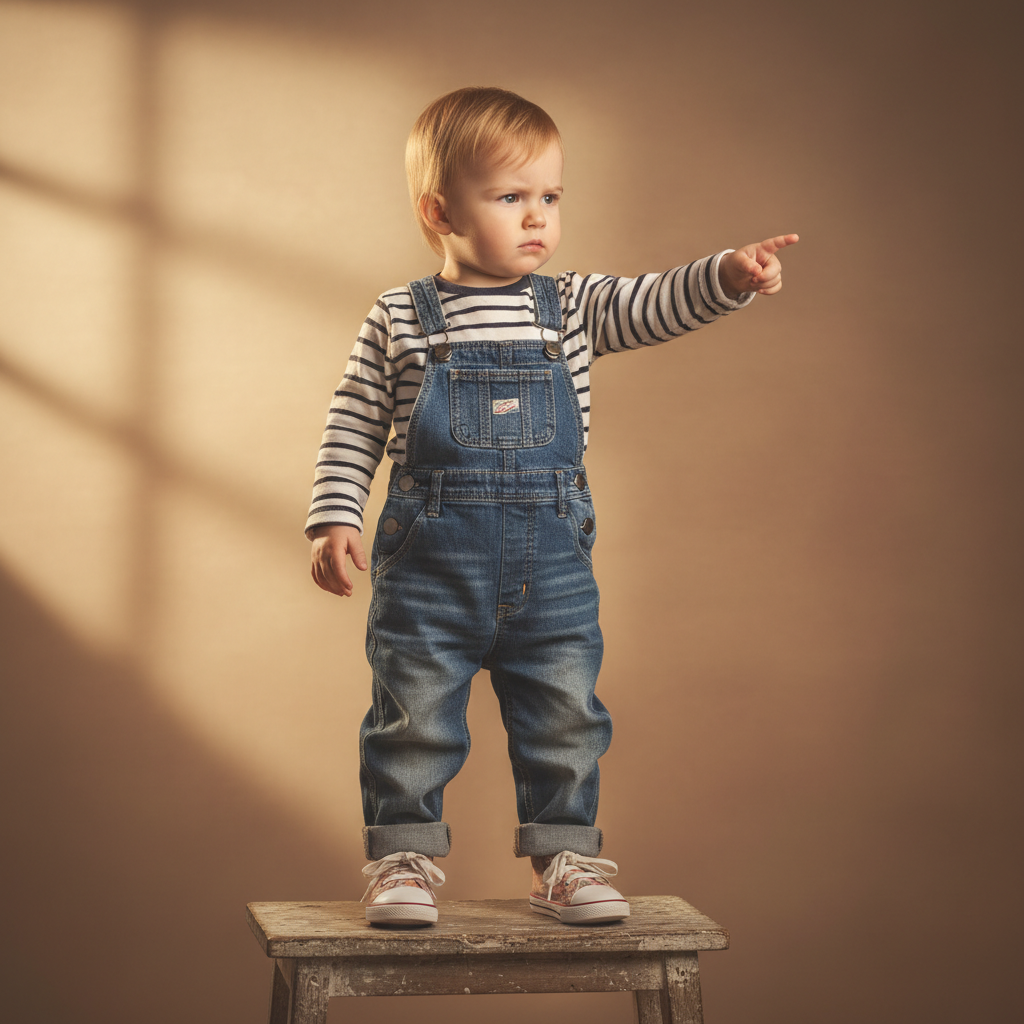 Porträt eines Kleinkindes, das mit ernstem Blick Anweisungen gibt, stellvertretend für die Strategie der Kontrollumkehr, um einen Kleinkind Wutanfall zu vermeiden.