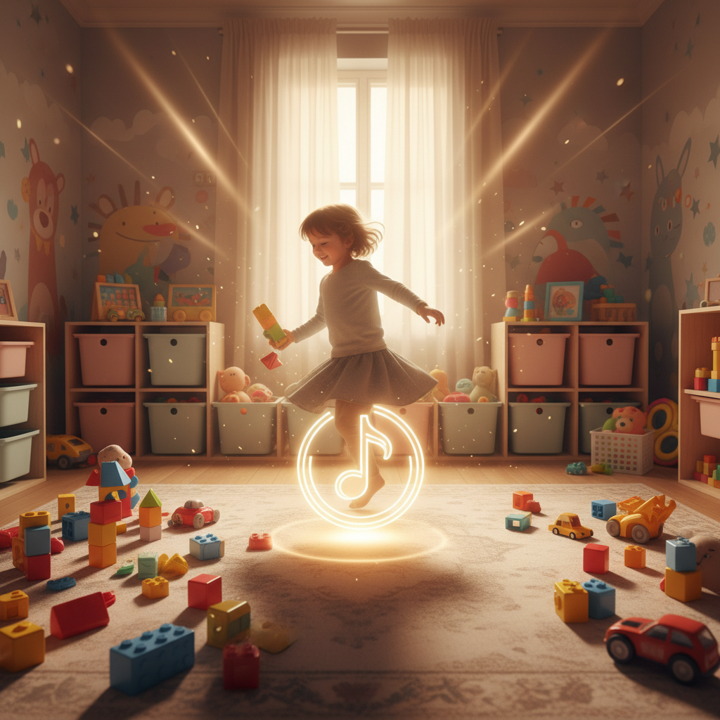 Dynamisches Foto, das die schnelle und lustige Methode der 10-Minuten-Magie beim Aufräumen im Kinderzimmer zeigt, mit einem Kind in schneller Bewegung, das Spielzeug wegräumt.