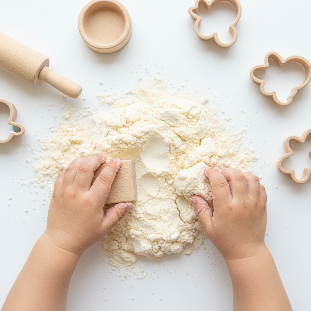 Nahaufnahme von Kinderhänden beim Formen von selbstgemachtem Moon Dough aus Mehl und Öl, ideal für unkomplizierte und kreative Spielwelten mit Alltagsgegenständen.