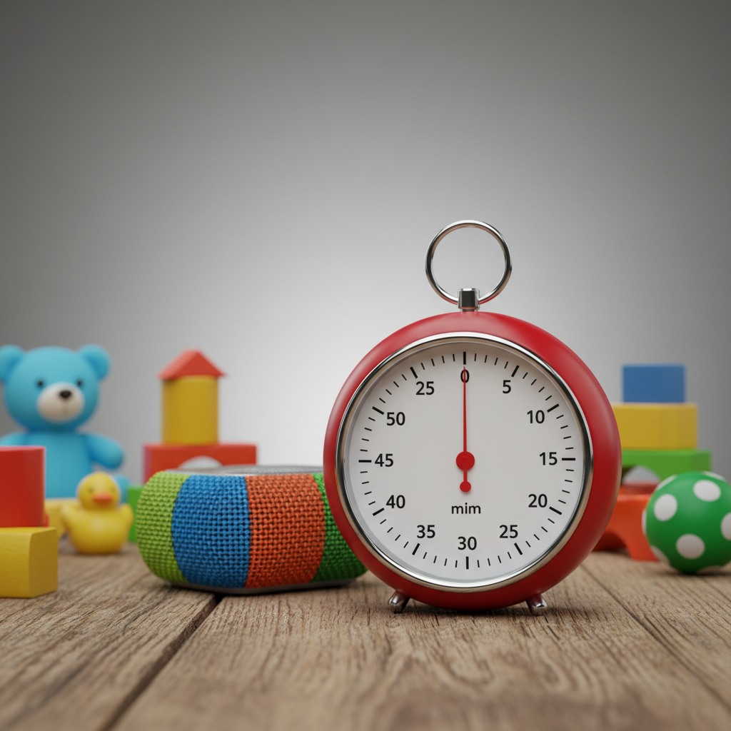 Nahaufnahme eines analogen Küchen-Timers und eines Bluetooth-Lautsprechers, die die zentralen Werkzeuge für die effektive 10-Minuten-Magie beim Aufräumen symbolisieren.