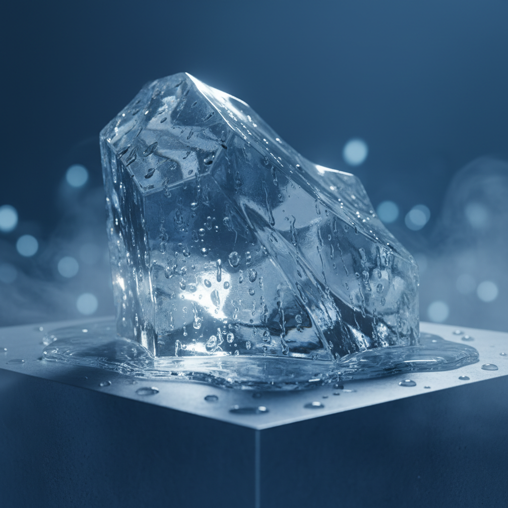 Nahaufnahme eines makellosen, schmelzenden Eisblocks, der die kühle Ablenkung und den Fokus des Eis-Spiel für Kleinkinder symbolisiert.