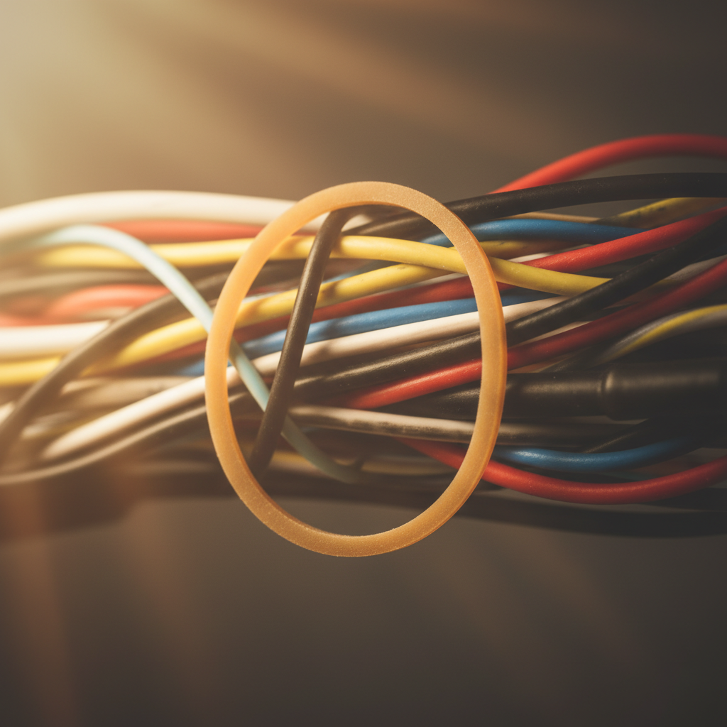 Nahaufnahme einer einfachen Gummi-Lösung, die metaphorisch die Effektivität von simplen Kindersicherheits-Hacks darstellt.