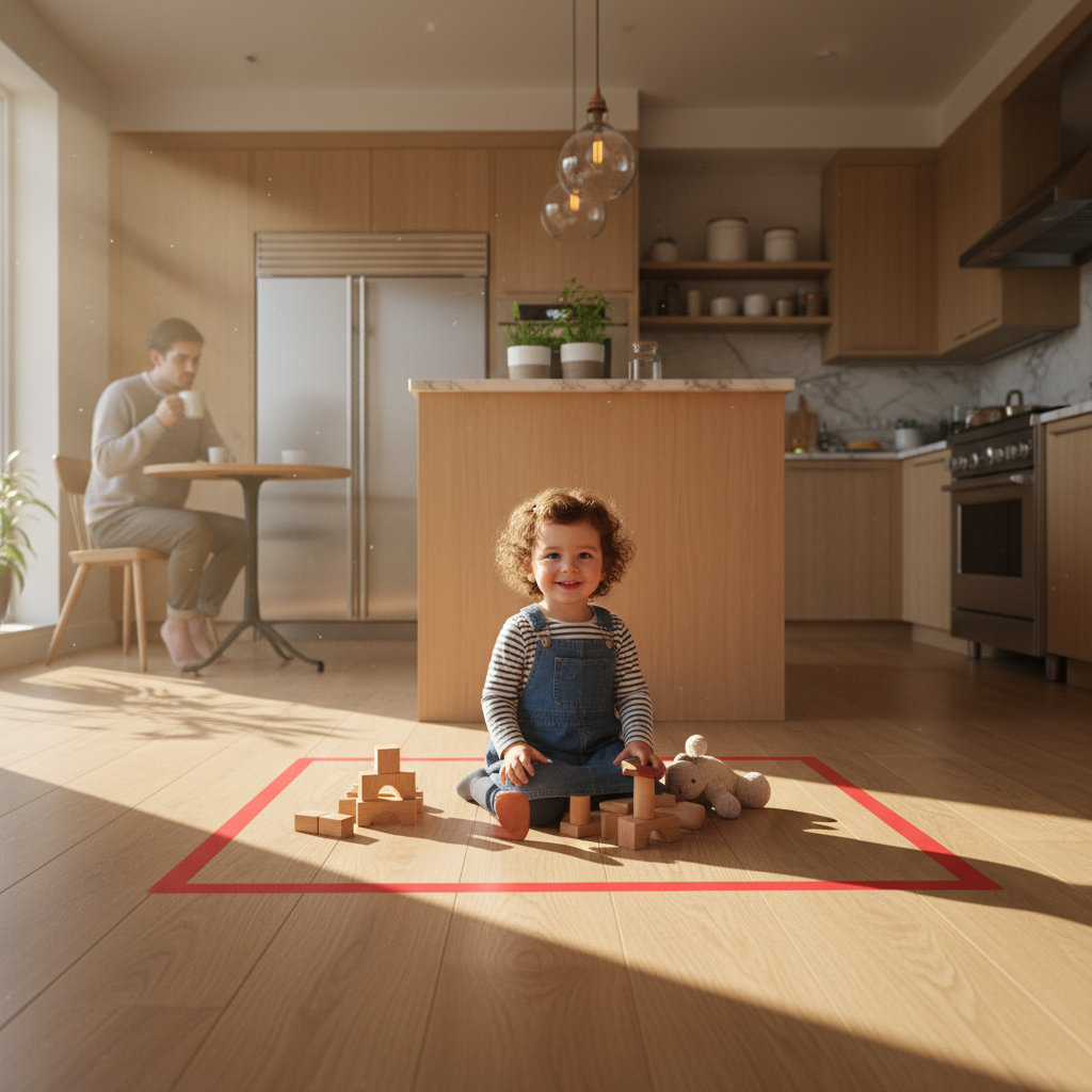 Ein entspannter Moment in einer modern eingerichteten Küche, bei dem eine am Boden markierte 'Rote Zone' als effektiver Kindersicherheits-Hack dient.