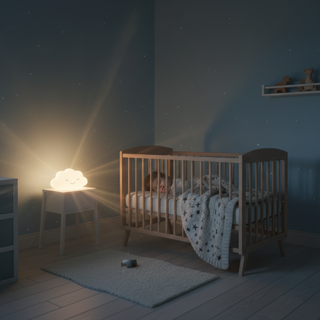 Ein friedlich schlafendes Kleinkind in einem warm beleuchteten Zimmer, das eine entspannte Nacht dank einfacher, wirksamer Erkältung Hacks Kleinkinder Strategien verbringt.