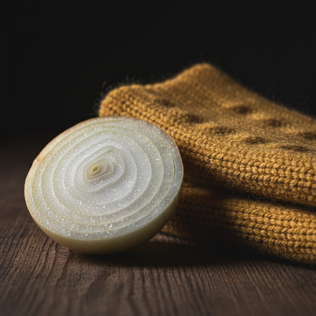 Detailaufnahme einer Zwiebel und einer Socke, die die Guerilla-Methoden der Erkältung Hacks Kleinkinder für freie Atemwege symbolisieren.