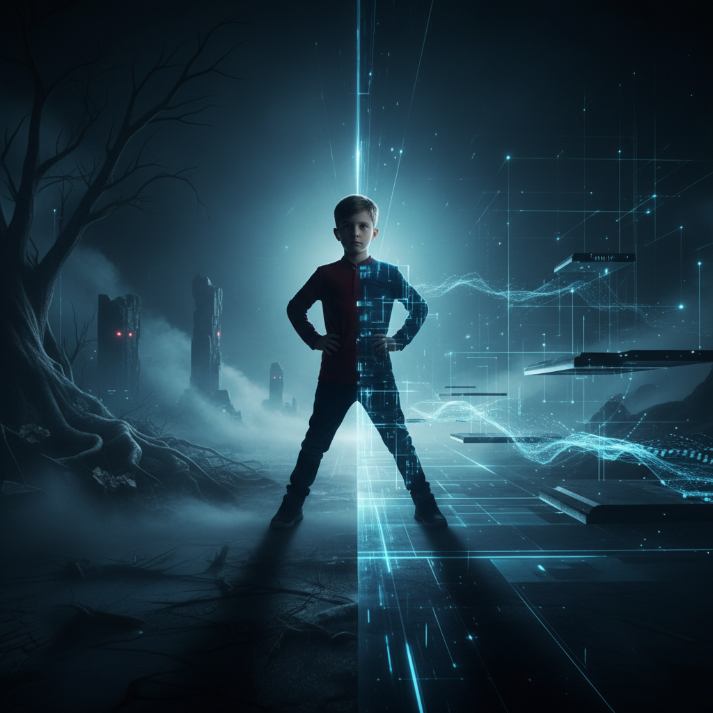 Visuell beeindruckendes Titelbild, das die Dualität alter und neuer Gefahren visualisiert, um Eltern dabei zu helfen, ihre Kinder vor Fremden zu schützen.