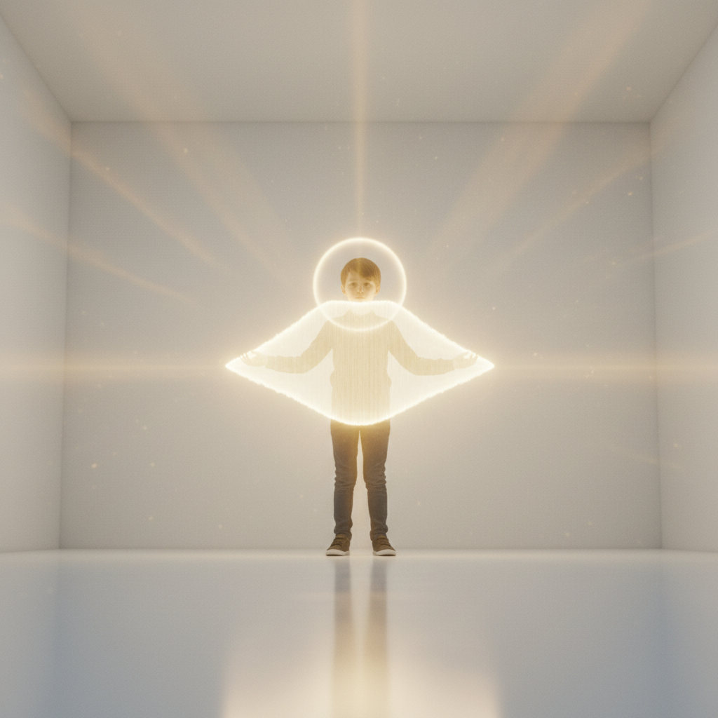 Symbolische Darstellung eines Kindes, das durch eine leuchtende Grenze die Körperautonomie und Selbstwirksamkeit visualisiert, entscheidend, um Kinder vor Fremden zu schützen.