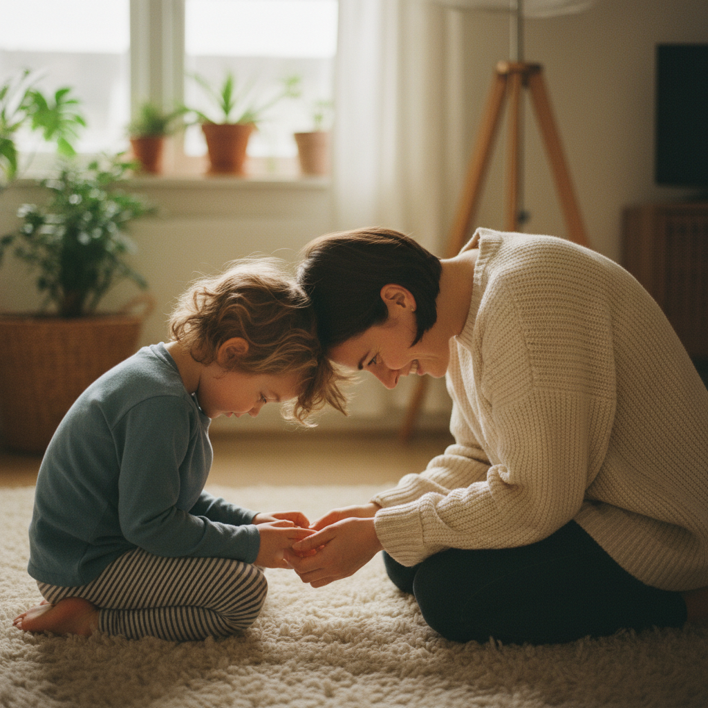Ein Elternteil und ein Kleinkind in einer spielerischen Yoga-Position ('Schildkröte'), die Bindung und Entspannung fördert (Mini-Yoga für Kleinkinder).