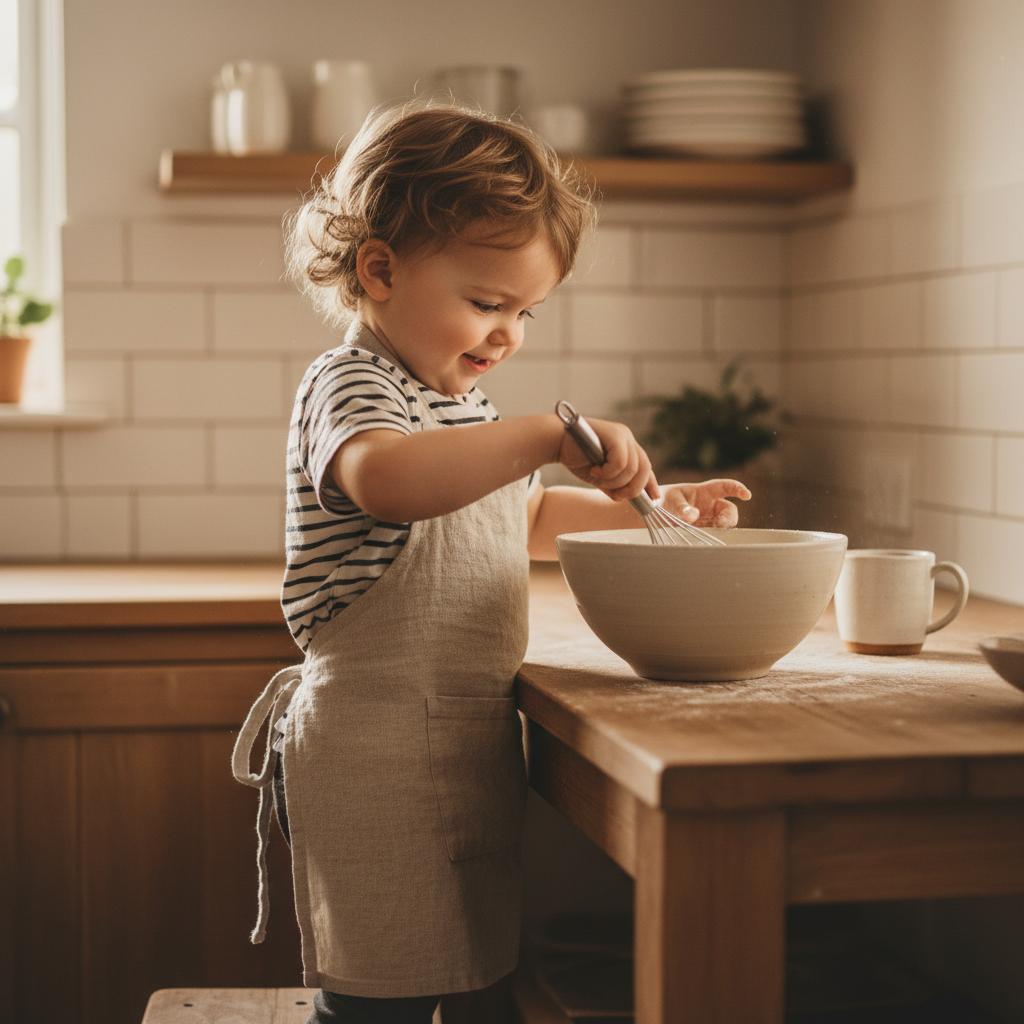 Ein Kleinkind rührt konzentriert in der Küche mit einem kleinen Schneebesen, was die praktische Anwendung von **Montessori im Alltag** und aktive Teilhabe demonstriert.