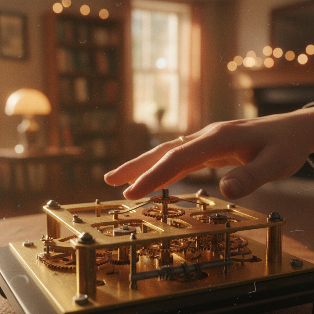 Nahaufnahme einer Hand, die ein komplexes Uhrwerk stabilisiert, symbolisiert die neue, kluge Strukturierung, um den Familienalltag entspannen zu können.