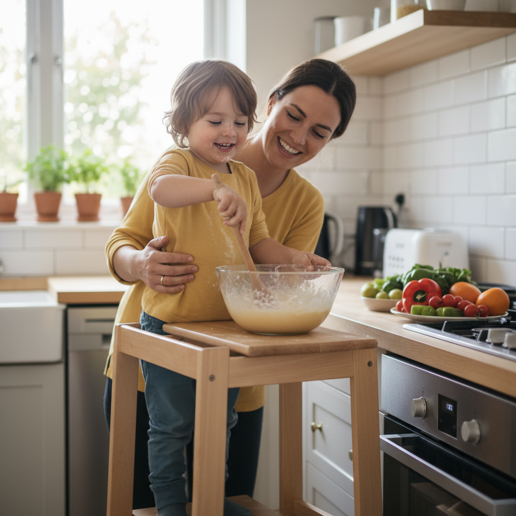 Ein lächelndes Kind hilft einem Elternteil sicher in der Küche, was die 