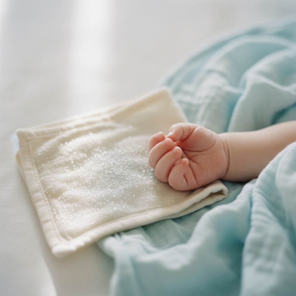 Nahaufnahme einer kleinen Babyhand, die friedlich auf einem gekühlten, feuchten Tuch ruht, um akute Zahnungsschmerzen Backenzahn lindern zu helfen.