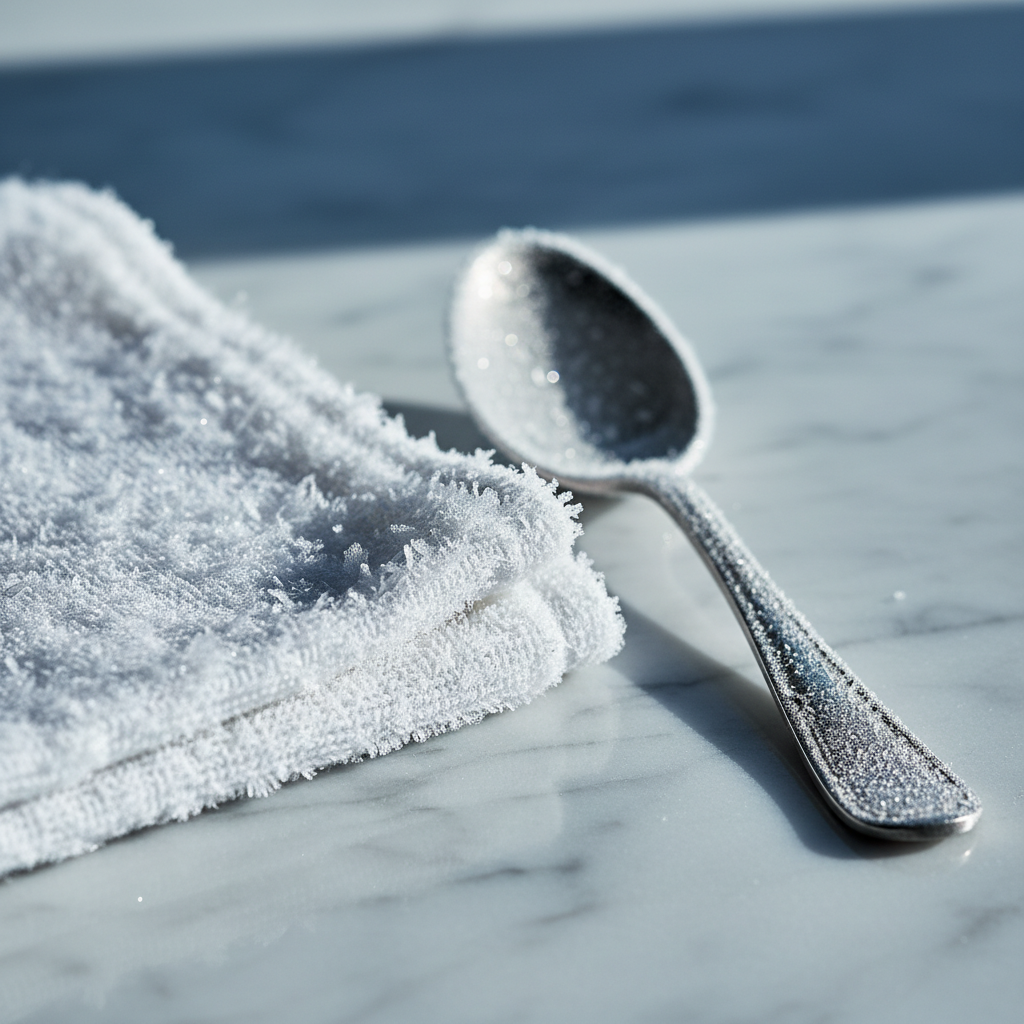 Gefrorener Waschlappen und ein gekühlter Metalllöffel auf einer kalten Oberfläche – einfache Tools, um Zahnungsschmerzen Backenzahn lindern zu können.