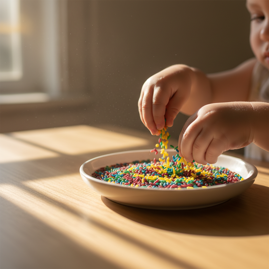 Nahaufnahme von kleinen Kinderhänden, die in einen Behälter mit bunten, feinen Körnern greifen, um die positiven Effekte von Sensory Play für Kleinkinder zu verdeutlichen.