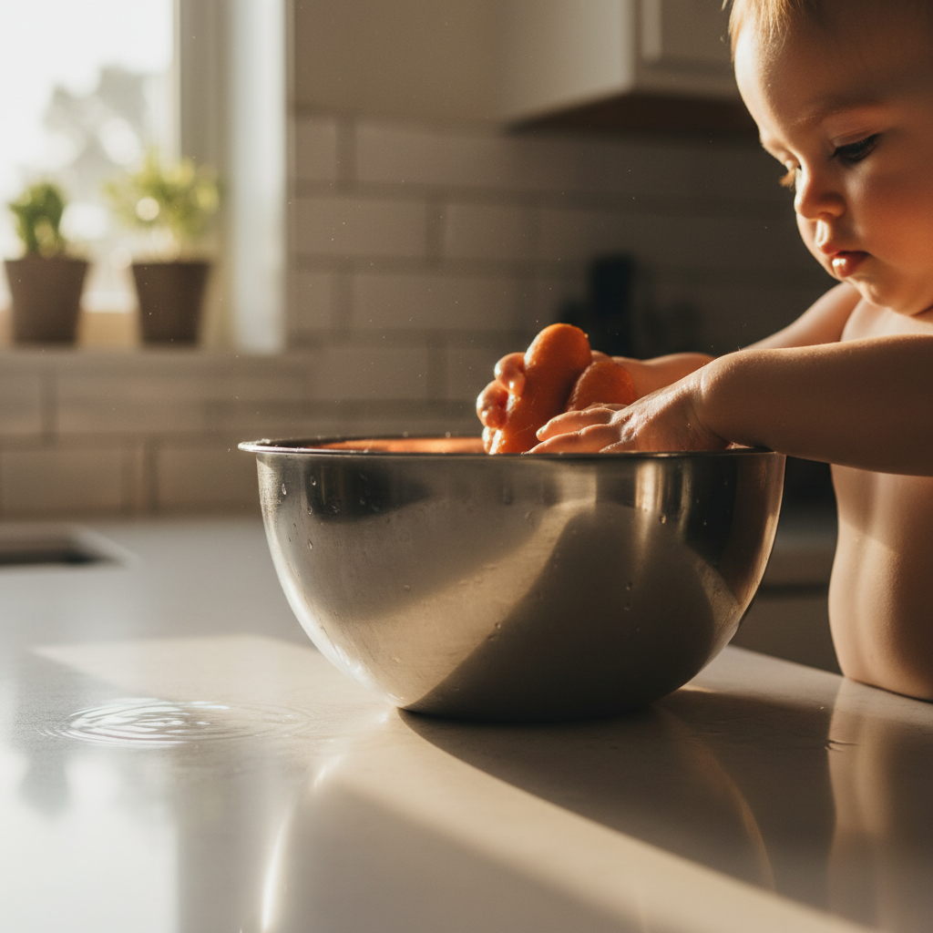 Nahaufnahme eines Kleinkind in der Küche, das konzentriert Gemüse in einer Schüssel wäscht, um die motorischen Fähigkeiten zu fördern.