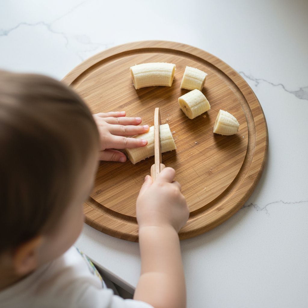 Ein Kleinkind in der Küche schneidet mit einem sicheren Holzmesser Bananenscheiben auf einem Brettchen, um den sicheren Schnippel-Job zu lernen.