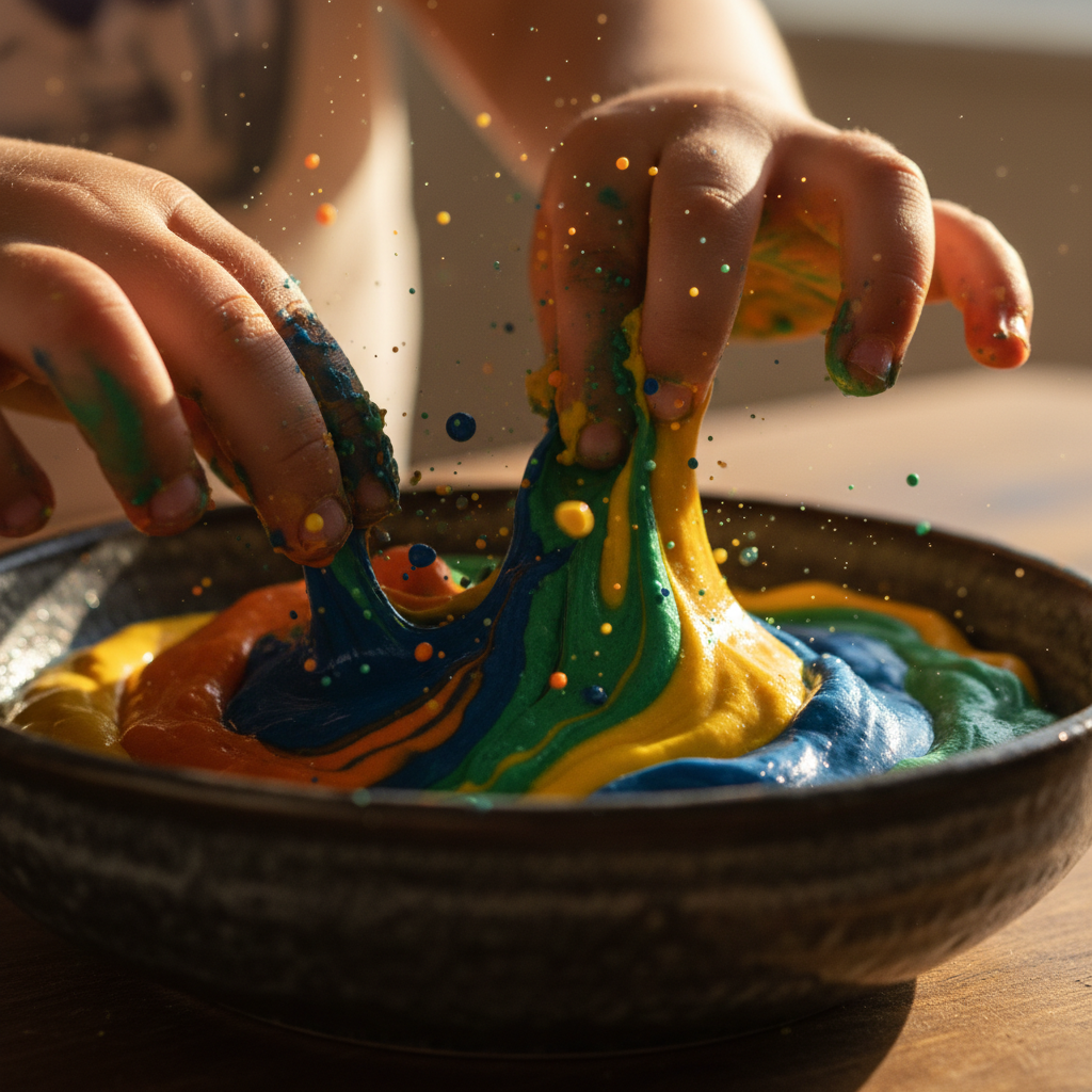 Nahaufnahme von Kinderhänden, die bunte Materialien mischen, um die Bedeutung von Sensorisches Spielen für die frühkindliche Entwicklung zu visualisieren.