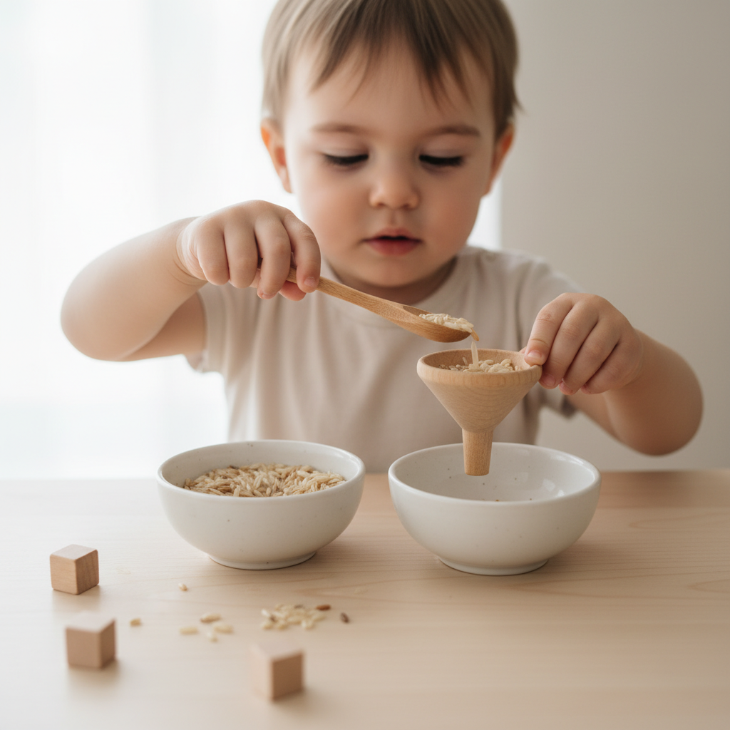 Detailaufnahme von Kinderhänden beim vorsichtigen Schöpfen von Reis, die die gesteigerte Konzentrationsfähigkeit durch Sensorisches Spielen zeigen.
