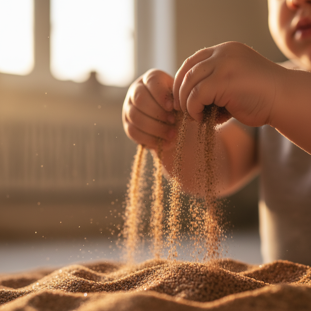 Nahaufnahme von kleinen Kinderhänden, die konzentriert mit feinen Materialien spielen, als Metapher für effektives Sensory Play Kleinkind.