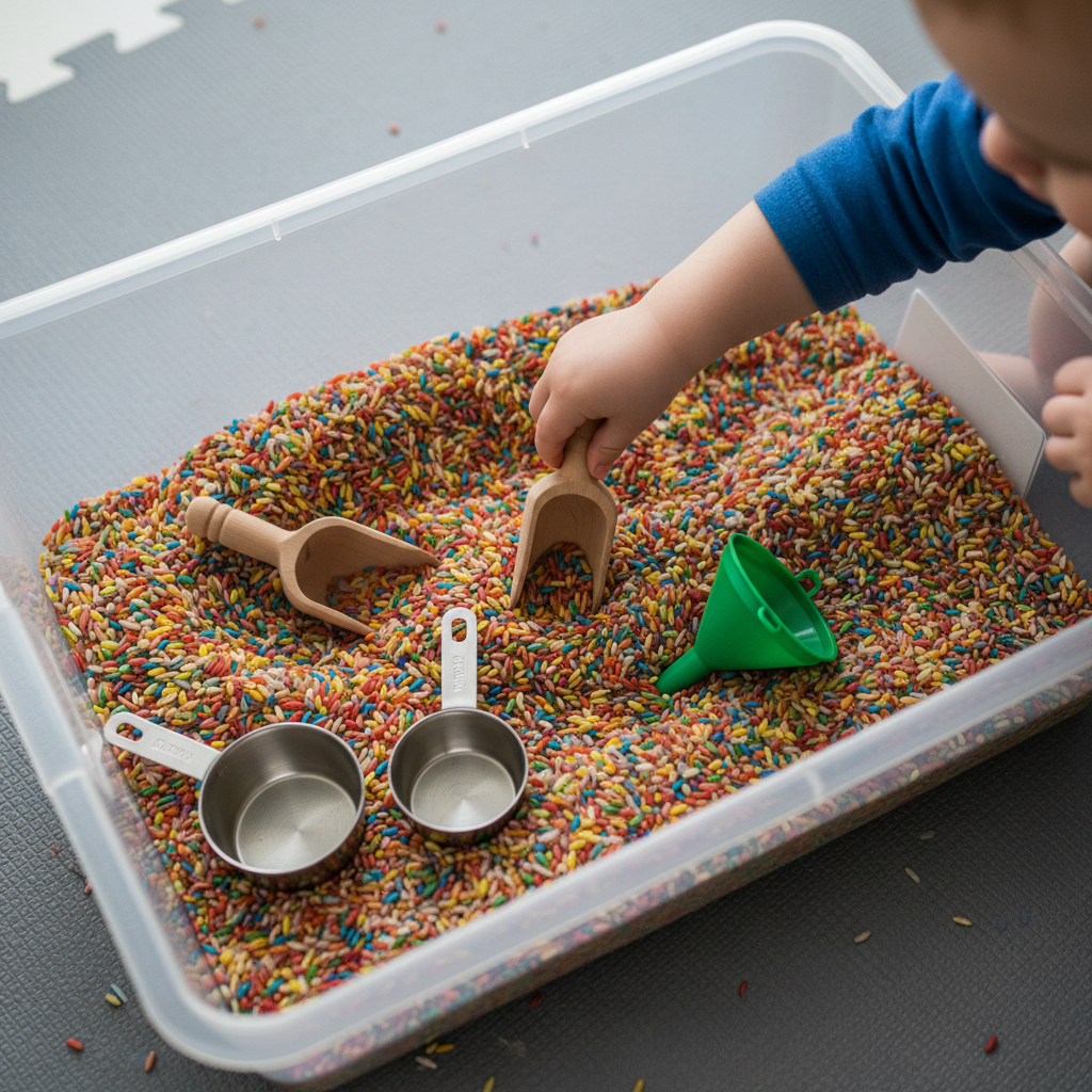 Übersicht einer großen Box gefüllt mit bunt gefärbtem Reis und einfachen Küchenwerkzeugen, ideal für Sensory Play Kleinkind zu Hause.
