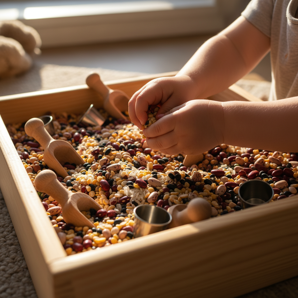 Nahaufnahme von Kinderhänden, die konzentriert in einer Kiste mit buntem Schüttgut spielen, zur Förderung des Sensorik-Spiels und der Feinmotorik.
