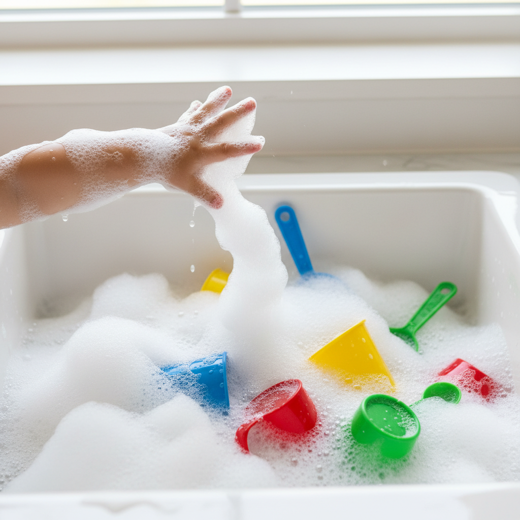 Kind spielt mit einer großen Menge Spülmittel-Schaum in einer Wanne, ein Beispiel für ein einfaches taktiles Sensorik-Spiel mit Wasser.