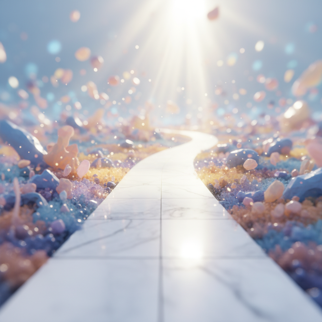 Eine metaphorische Darstellung eines entspannten Familienalltags: Ein sauberer, beleuchteter Pfad durchdringt abstraktes, farbiges Chaos.