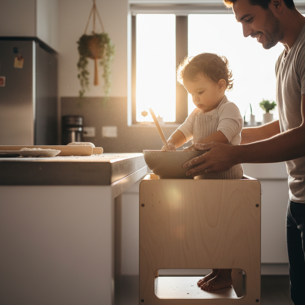 Ein Kind steht sicher auf einem Podest in der Küche und kocht mit einem Elternteil, symbolisierend die Teilhabe am entspannten Familienalltag.