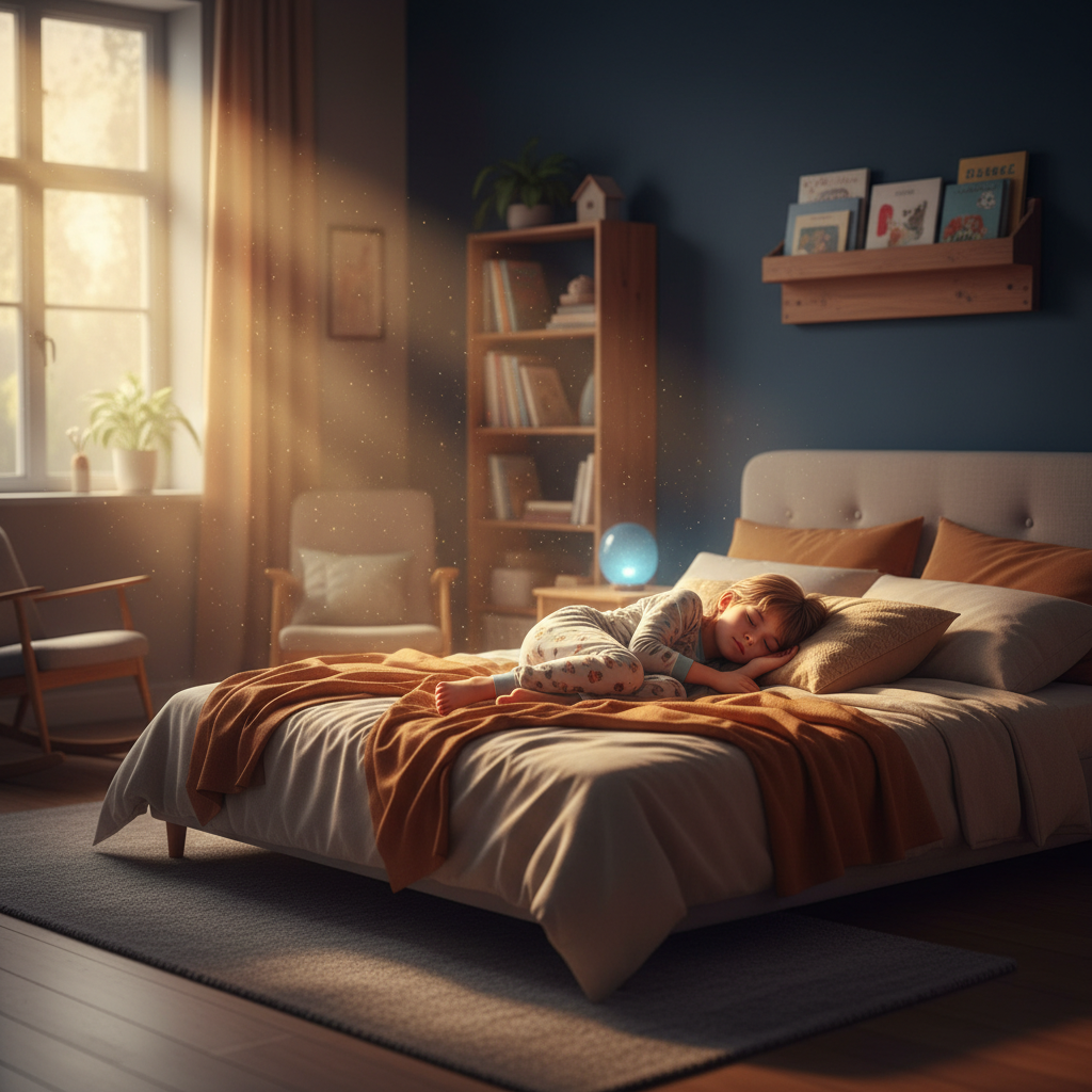 Ein ruhig schlafendes Kind im Kinderzimmer, durch dessen Fenster weicher, goldener Nebel strömt, symbolisiert den entspannten Erfolg des Flüsterton-Hack Kinder.